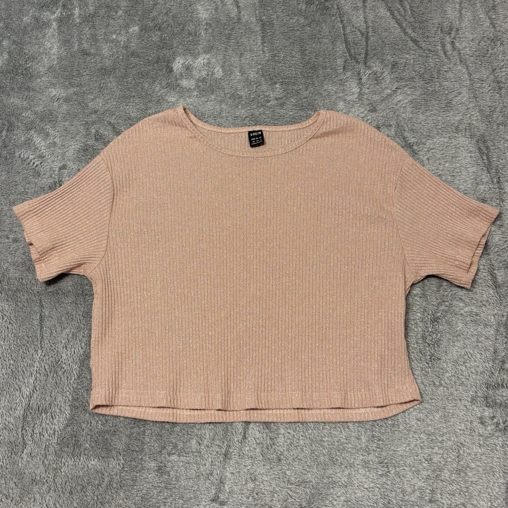 SHEIN Ribbed Crop Top Women XS Pink Short Sleeve Stretch Knit‎